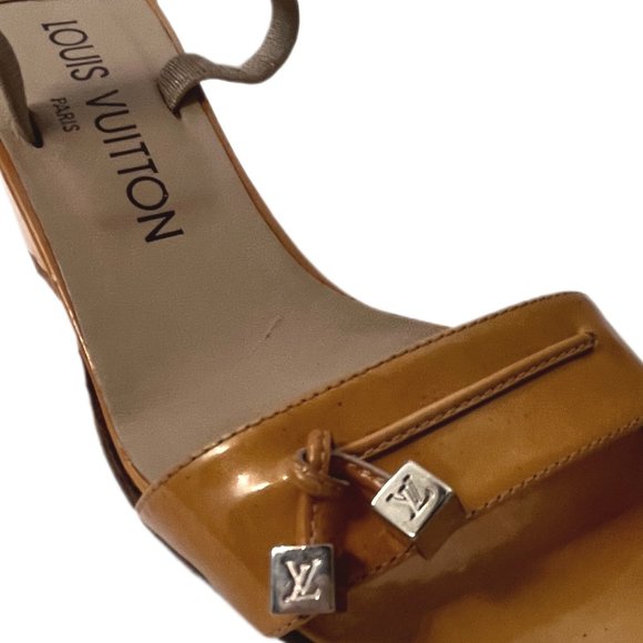 Louis Vuitton Gold Block Heel Sandals Metal LV Logo Charms Size 36.65 (US 6) - Picture 10 of 16